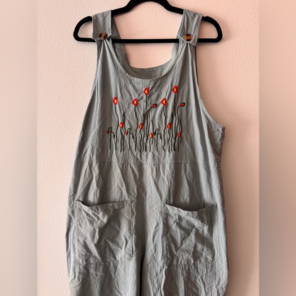 100% Cotton Light Blue Flower Garden Jumpsuit Size L